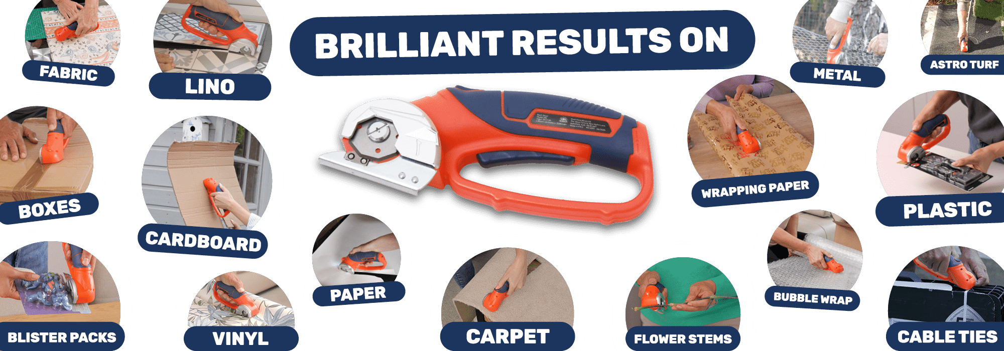 Swift Slicer showing it's many uses including Frabrics, Metals, Cardboards and Plastic