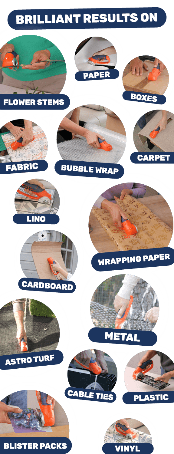 Swift Slicer showing it's many uses including Frabrics, Metals, Cardboards and Plastic