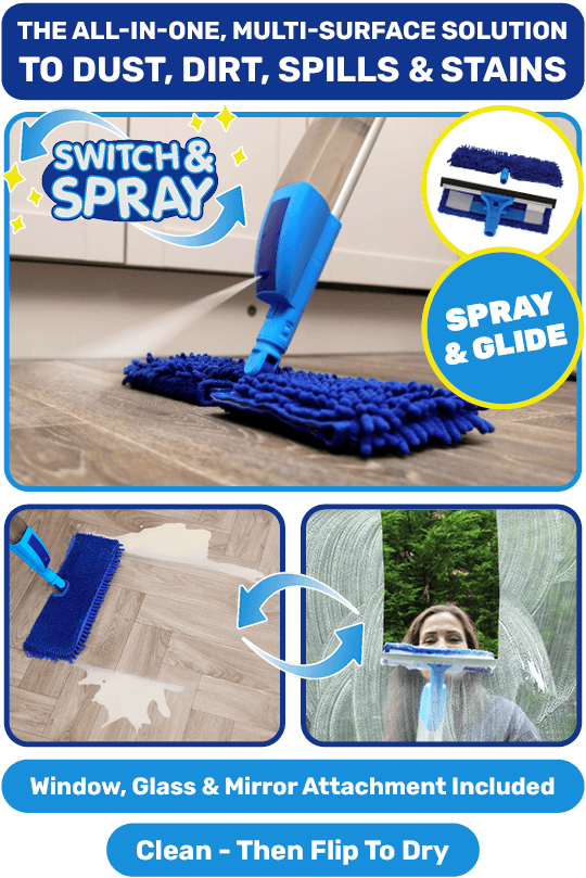 People cleaning hard flooring & windows with Switch & Spray, the dual-sided tool that cleans dust, dirt, spills & stains.