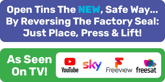 Open Tins The NEW, Safe Way... By Reversing The Factory Seal: Just Place, Press & Lift!