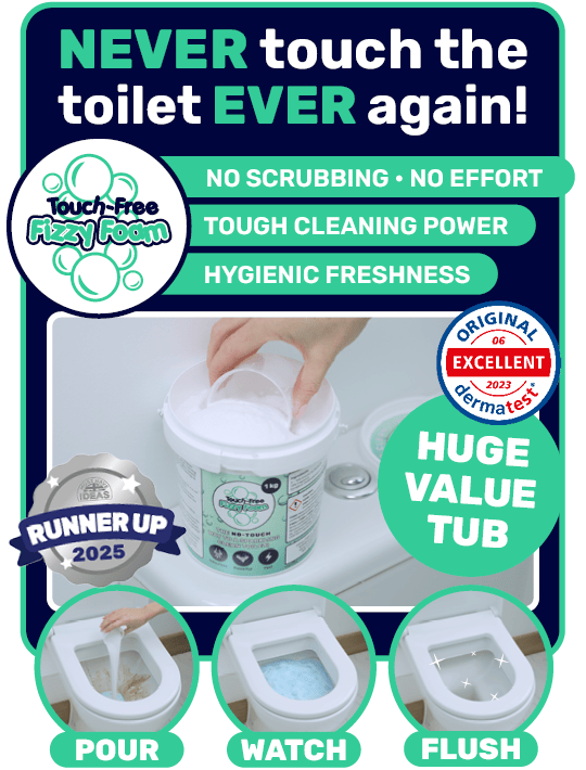 Person pouring Touch-Free Fizzy Foam powder into the toilet that’s dermatologically tested & deep-cleans with no effort.