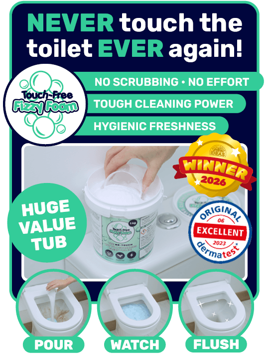 Person pouring Touch-Free Fizzy Foam powder into the toilet that’s dermatologically tested & deep-cleans with no effort.