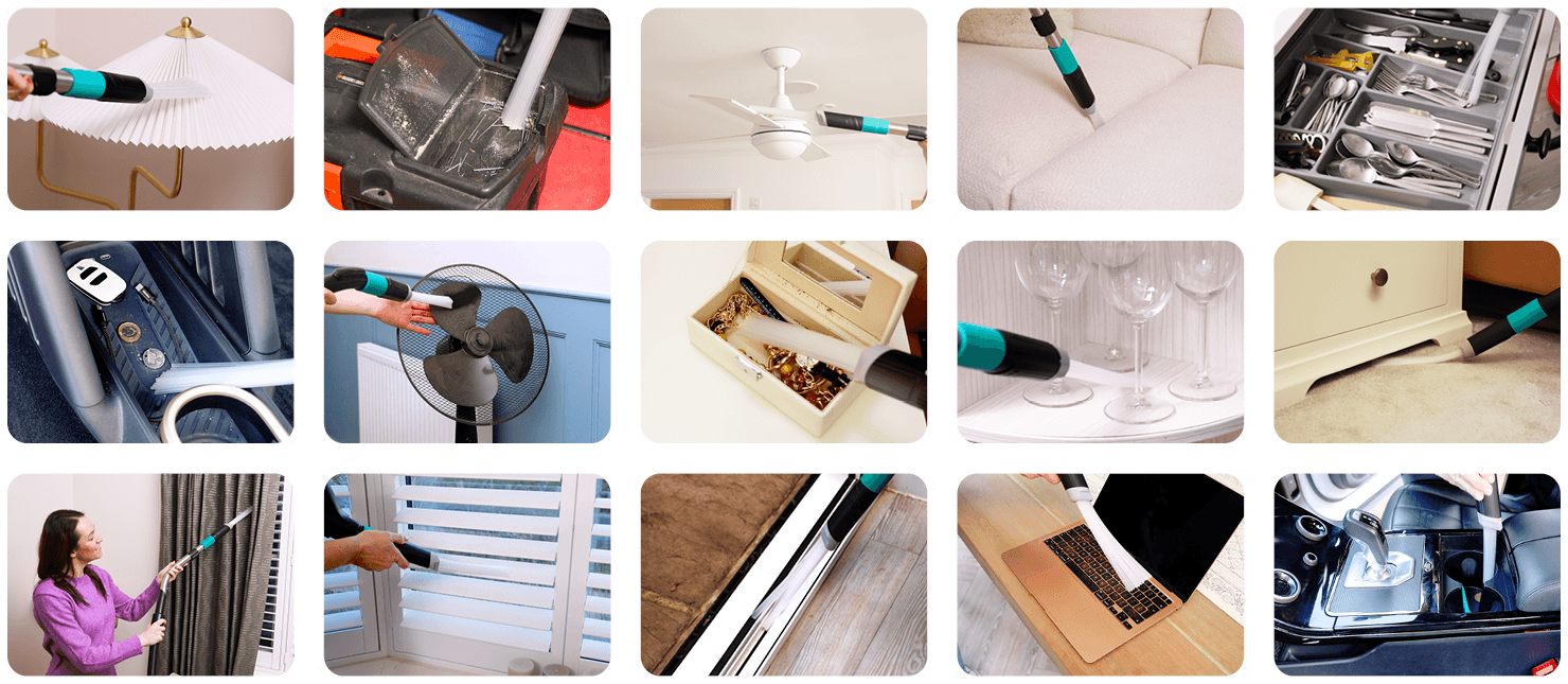 Lots of examples of Vac Mate cleaning tight areas like jewellery boxes, tool boxes, crevices, blinds and car interiors