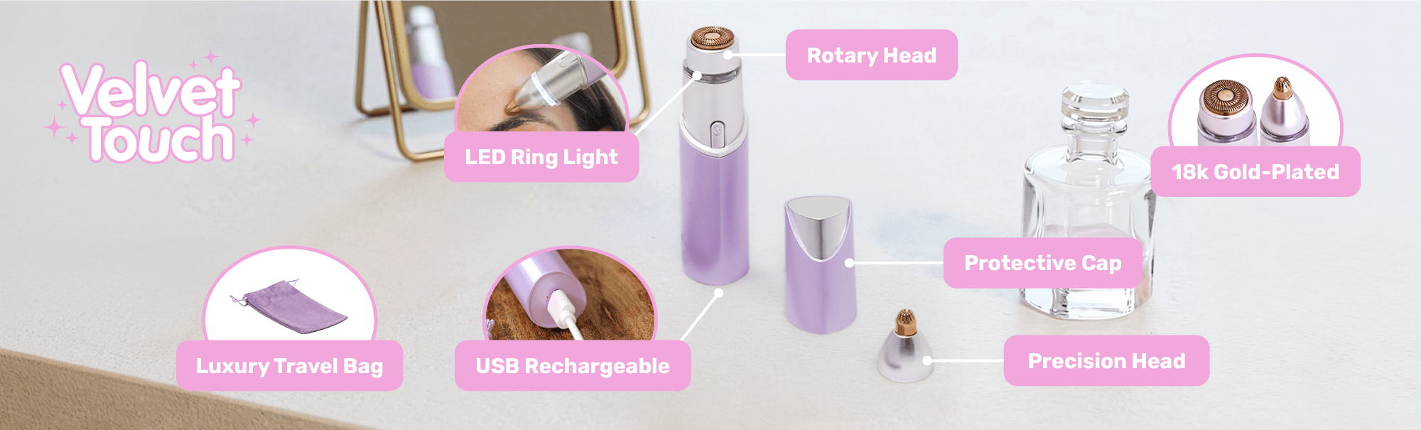 Velvet Touch luxury travel bag, LED ring light, rotary head, USB rechargeable, protective cap, precision head, 18k gold-plated.