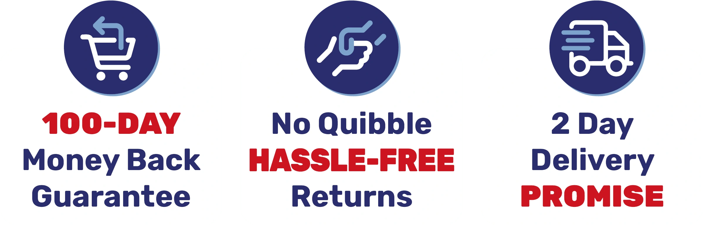 100-day money back guarantee, hassle-free returns, 2-day delivery promise