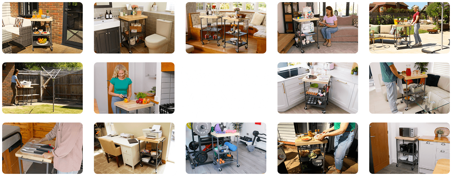 Various images of the Worktop Wonder in use both indoors and outdoors for the kitchen, sewing, barbecue and more!